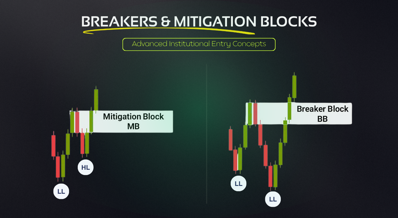 Comparison diagram between breaker block and mitigation block in institutional trading strategies